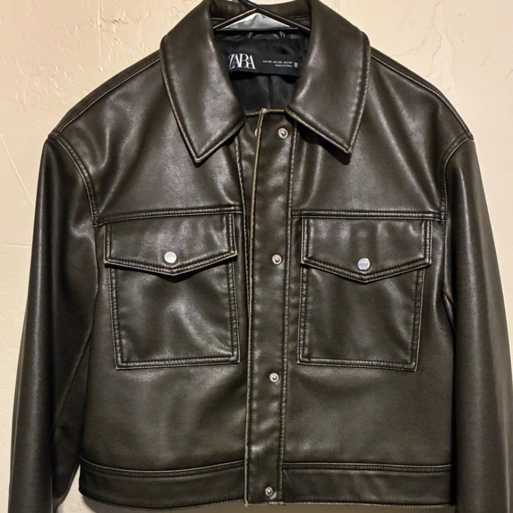 ZARA Cropped Tan-Green Faux Leather Jacket